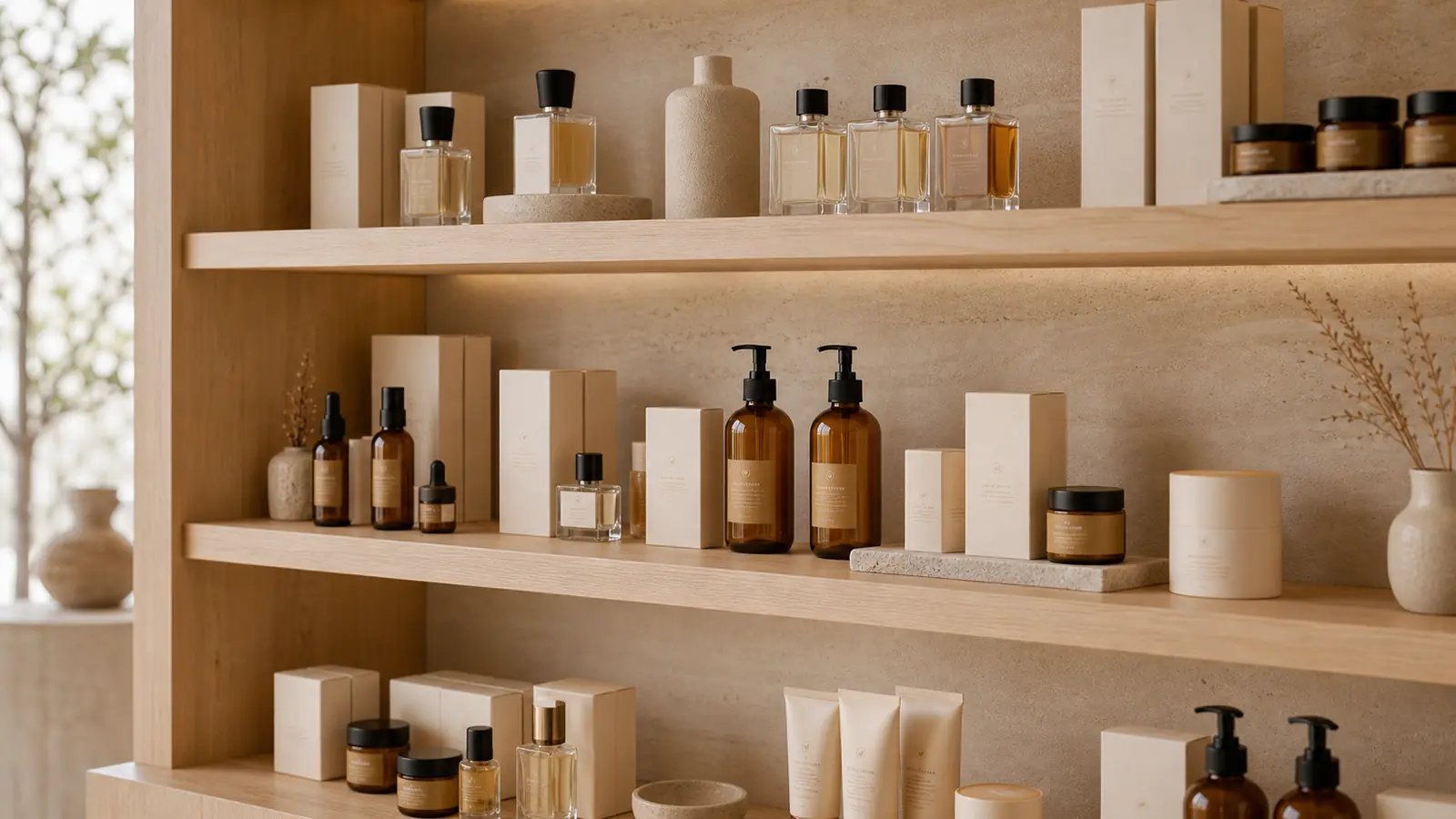 Étagère remplie de produits cosmétiques