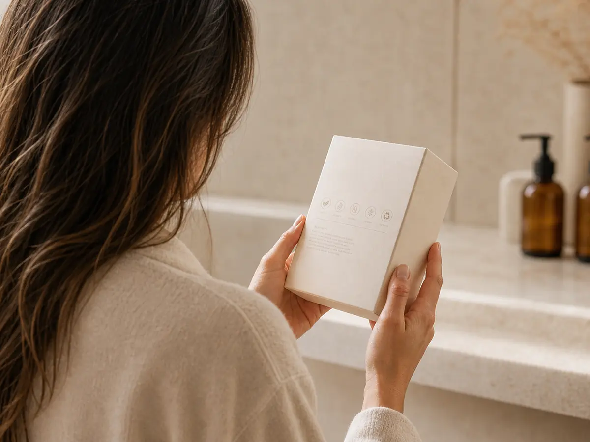 Femme lisant l’emballage d’un produit